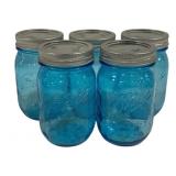 5 Blue Ball Mason Jars w/ Lids - 5" Tall