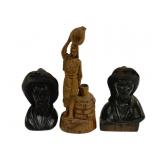 3 Carved Wood Statues - 7", 10.5" Tall