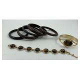 5 Wooden Bangles, Tigers Eye Cuff & Bracelet