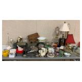 Table Lot of Assoted Decor, Glass, Lamps & More