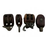 4pc Antique Wood & Iron Ship Pulleys 4.5"