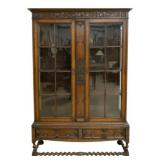 English Oak Barley Twist Two Door Carved Bookcase