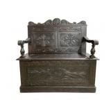 Heavily Carved Oak Hall Bench w/ Storage