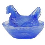 Blue Glass Miniature Hen on Nest Figure