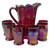 Vtg Indiana Red Carnival Glass Pitcher Set