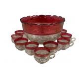 Red/Clear Glass Punch Bowl w/ 9 Cups