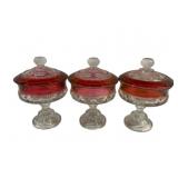 3 Red/Clear Compotes w/ Lids - 8 x 5