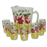 Vtg Floral Glass Pitcher and 7 Tumblers Set