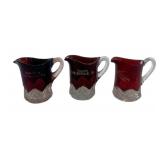 3 Red/Clear Glass Pitchers - 4" Tall