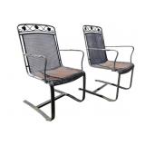Pr Vtg Wrought Iron Mesh Patio Spring Chairs