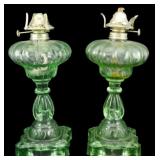 Vtg Pair Green Pressed Glass Oil Lamps