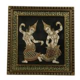 Framed Thai Silk Screen-Printed on Black Fabric
