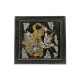 Framed Thai Silk Screen-Printed on Black Fabric