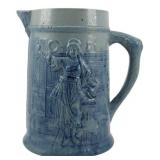 Vtg Stoneware Blue & White Bar Scene Pitcher