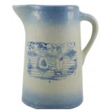 Vintage Stoneware Blue & White Pitcher 9"
