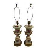 Pair Porcelain Urn Painted Lamps - 30.5" Tall