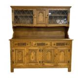 English Oak Gothic Revival Hutch w/ Leaded Glass