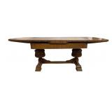 Oak Carved Trestle Dining Table w/ Leaves