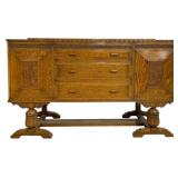 Vintage English Carved Oak Sideboard Buffet