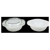 2 White Pyrex Bowls w/ 1 Lid 2.5"x5.5"x4"
