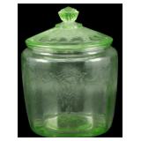 Vtg 1930s Uranium Glass Biscuit Jar w/ Lid