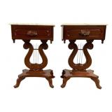 Pair Lyre Base Marble Top End Tables