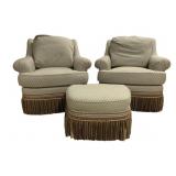 Pair Upholstered Club Chairs w/ Ottoman