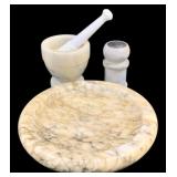 3 Marble Items - Plate, Mortar & Pestle Set