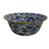 Blue & White Ceramic Bowl w/ Gold Rim 10.5"