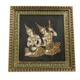 Framed Thai Silk Screen-Printed on Black Fabric