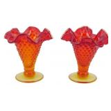Pr Vtg Fenton Amberina Hobnail Vases 4"
