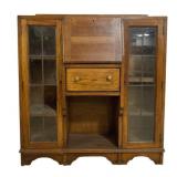 English Oak Secretary Cabinet w/ Leaded Glass