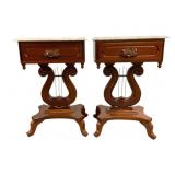 Pair Lyre Base Marble Top End Tables