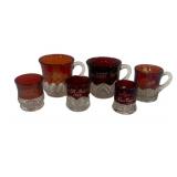 6 Red/Clear Etched Glass Mugs
