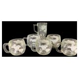 6 Glass Mugs w/ Etched World Globe - 3", 6" Tall