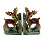 2pc Vtg Ceramic Deer Fawn Bookends Set