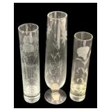 3 Etched Glass Vases - 8.75" Tall