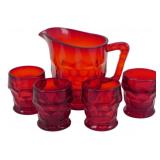 Vtg Ruby Red Glass Pitcher Set w/ 4 Tumblers