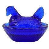 Cobalt Glass Miniature Hen on Nest Figure
