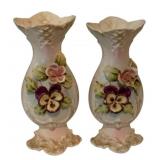 Pair of Ceramic Vases w/ Applied Floral Pansies