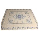 Blue & White Floral Cross-Stitch Quilt 88x82"