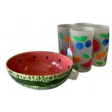 Glass Watermelon Bowl w/ 4 Watermelon Cups