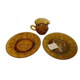 Amber Glass Creamer & 2 Saucers