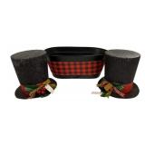 2 Snowman Hats & Metal Bucket - 15 x 6 x 8