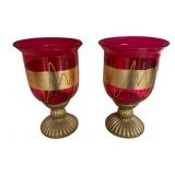 Pair of Red & Gold Hurricane-Style Candle Holders
