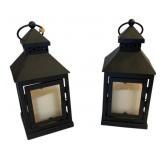 2 Metal Lanterns w/ Candles - 9.5 x 4 x 4
