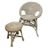 Vintage White Wicker Armchair & Stool