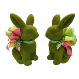 2 Flocked Moss Easter Bunny Figurines w/ Bows