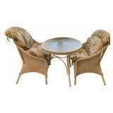 3pc White Wicker Bistro Set w/Cushions & Glass Top