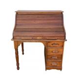 Vintage Single-Pedestal Wooden Roll Top Desk